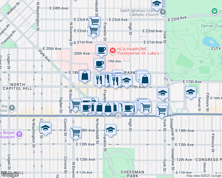 map of restaurants, bars, coffee shops, grocery stores, and more near 1644 Gilpin Street in Denver