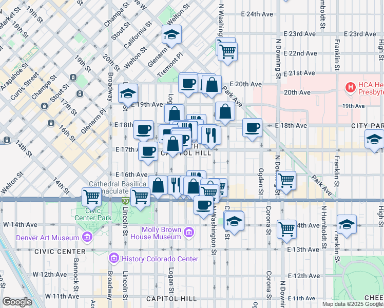 map of restaurants, bars, coffee shops, grocery stores, and more near 1644 Pennsylvania Street in Denver
