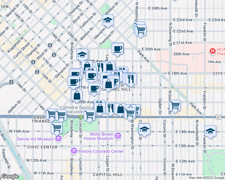map of restaurants, bars, coffee shops, grocery stores, and more near 1640 Logan Street in Denver