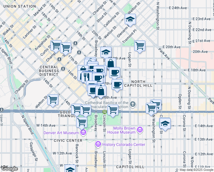 map of restaurants, bars, coffee shops, grocery stores, and more near 1670 Broadway in Denver