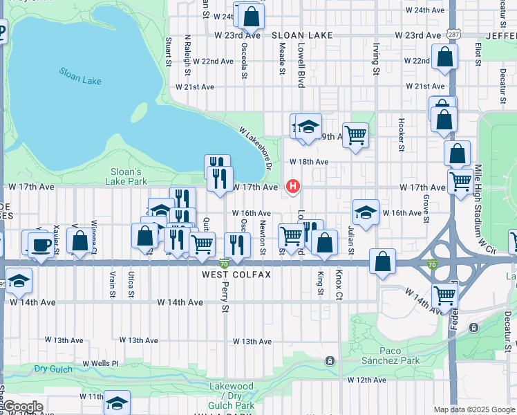 map of restaurants, bars, coffee shops, grocery stores, and more near 1587 Newton Street in Denver