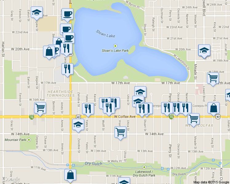 map of restaurants, bars, coffee shops, grocery stores, and more near 1603 Vrain Street in Denver
