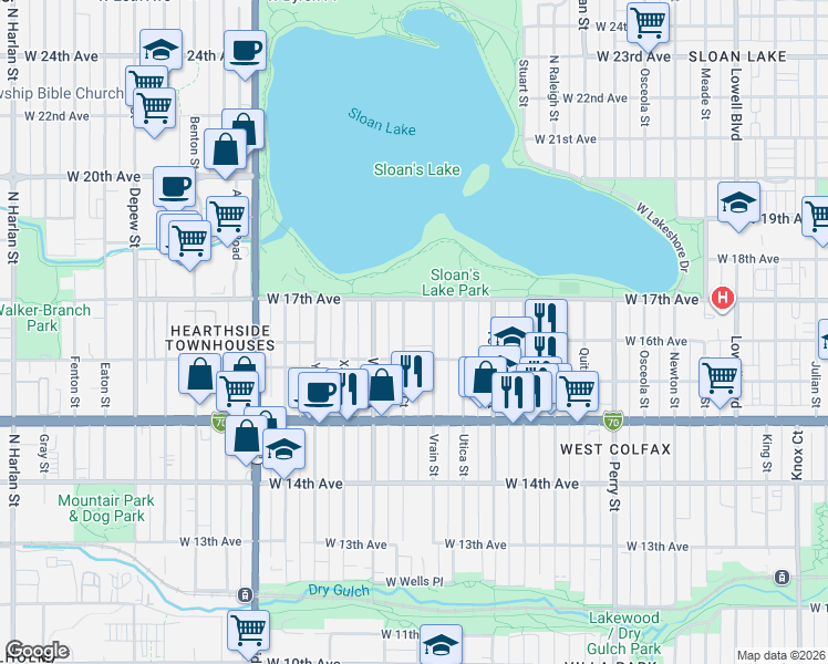 map of restaurants, bars, coffee shops, grocery stores, and more near 1603 Vrain Street in Denver