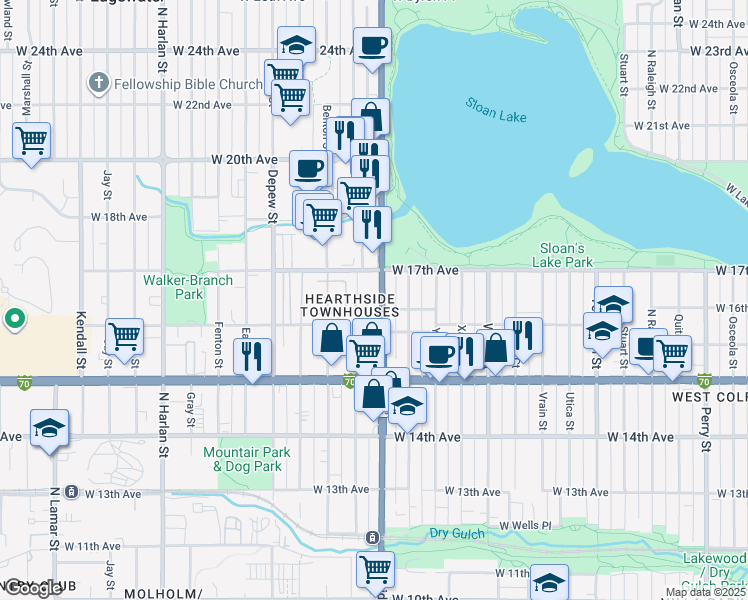 map of restaurants, bars, coffee shops, grocery stores, and more near 1605 Sheridan Boulevard in Lakewood
