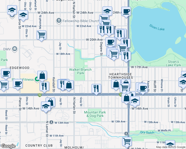 map of restaurants, bars, coffee shops, grocery stores, and more near 1620 Fenton Street in Lakewood