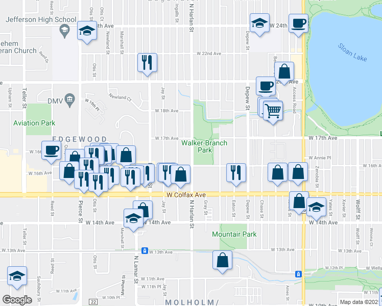 map of restaurants, bars, coffee shops, grocery stores, and more near 1603 North Harlan Street in Lakewood
