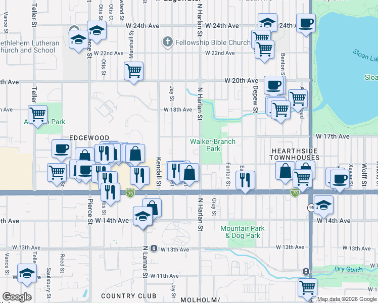 map of restaurants, bars, coffee shops, grocery stores, and more near 1603 North Harlan Street in Lakewood