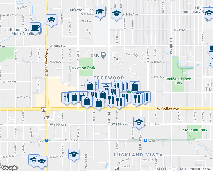 map of restaurants, bars, coffee shops, grocery stores, and more near 1607 Pierce Street in Denver