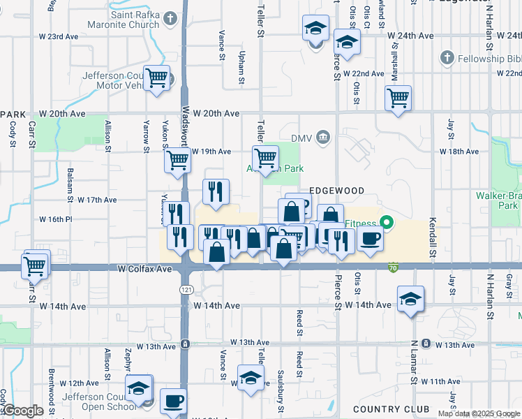 map of restaurants, bars, coffee shops, grocery stores, and more near 1612 Teller Street in Lakewood