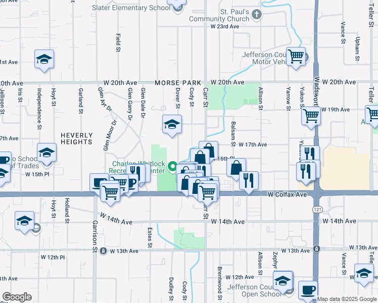 map of restaurants, bars, coffee shops, grocery stores, and more near 1625 Carr Street in Lakewood