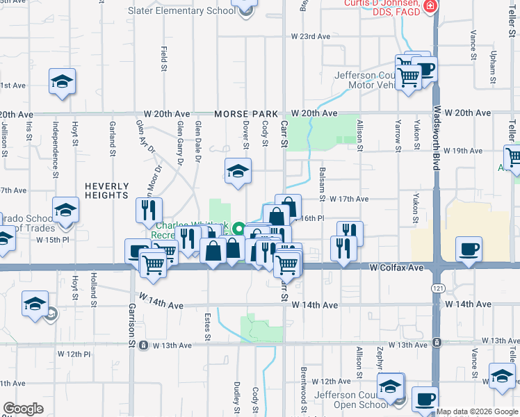 map of restaurants, bars, coffee shops, grocery stores, and more near 1670 Dover Street in Denver