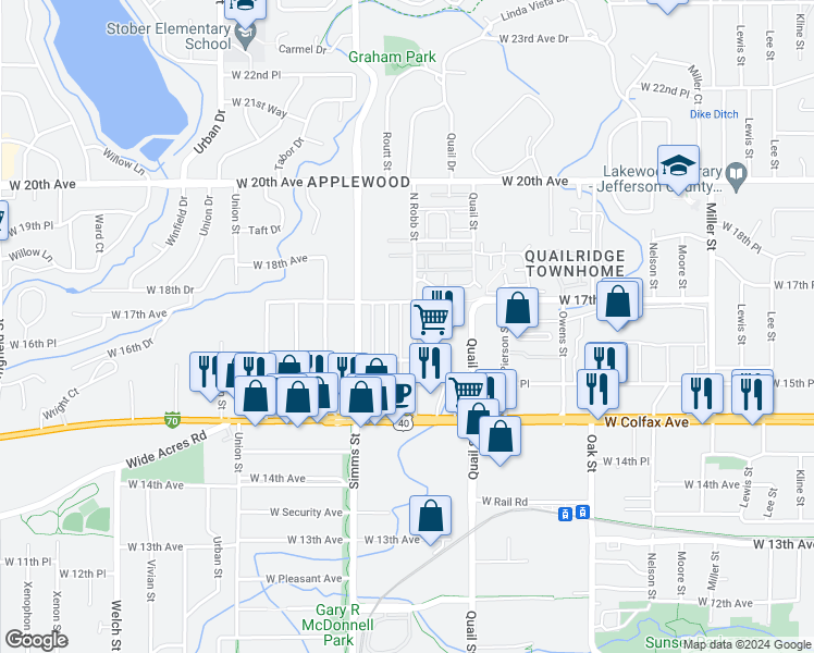 map of restaurants, bars, coffee shops, grocery stores, and more near 1633 North Robb Street in Lakewood