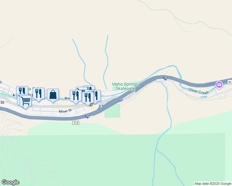 map of restaurants, bars, coffee shops, grocery stores, and more near 3305 Riverside Drive in Idaho Springs