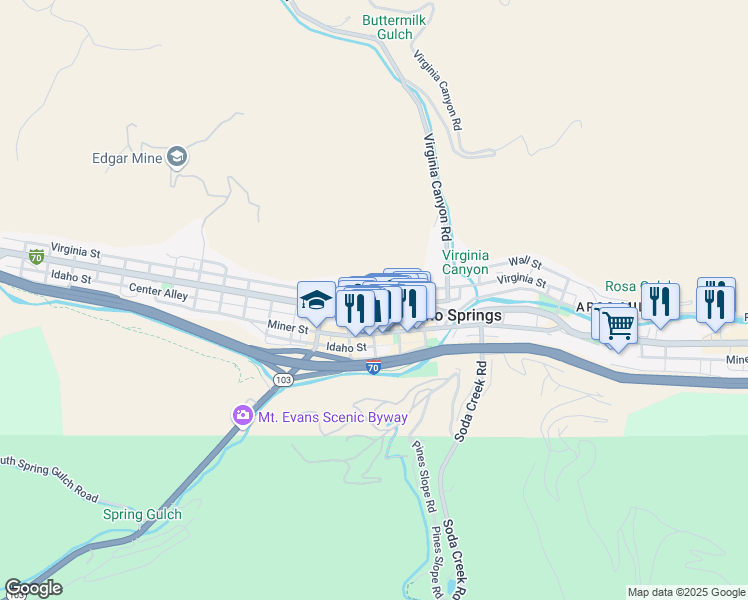 map of restaurants, bars, coffee shops, grocery stores, and more near 1425 Colorado Boulevard in Idaho Springs
