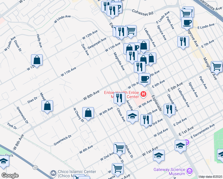 map of restaurants, bars, coffee shops, grocery stores, and more near 1713 Citrus Avenue in Chico