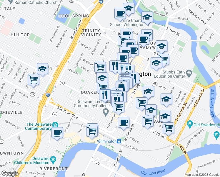 map of restaurants, bars, coffee shops, grocery stores, and more near 200 West 6th Street in Wilmington