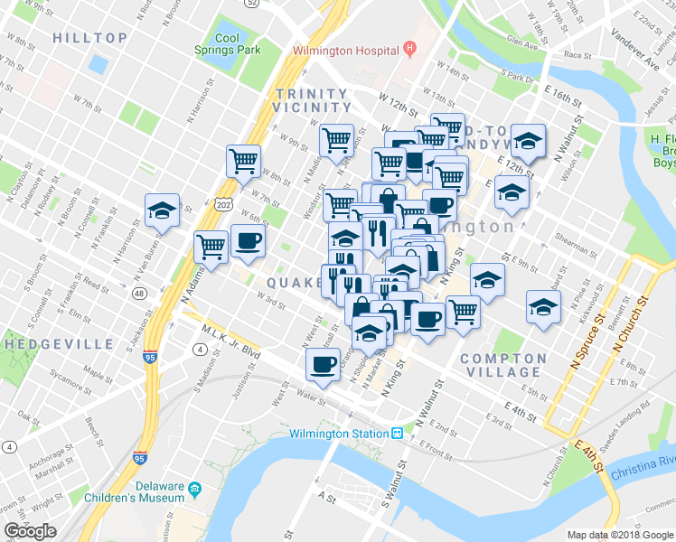 map of restaurants, bars, coffee shops, grocery stores, and more near 307 West 5th Street in Wilmington