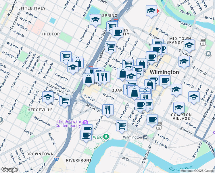 map of restaurants, bars, coffee shops, grocery stores, and more near 602 Delaware 9 in Wilmington