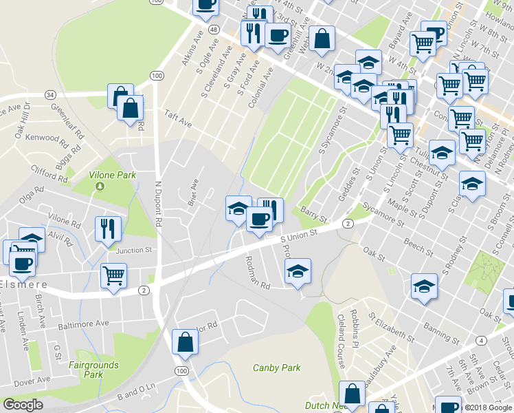 map of restaurants, bars, coffee shops, grocery stores, and more near 2108 Seneca Road in Wilmington