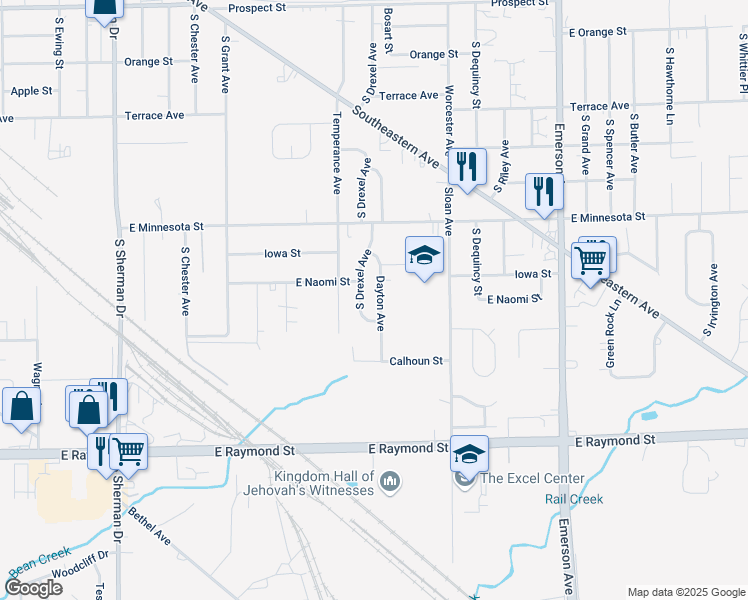 map of restaurants, bars, coffee shops, grocery stores, and more near 1911 South Drexel Avenue in Indianapolis