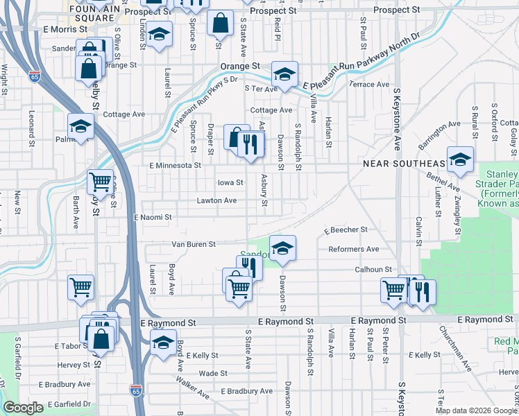 map of restaurants, bars, coffee shops, grocery stores, and more near 1713 East Naomi Street in Indianapolis