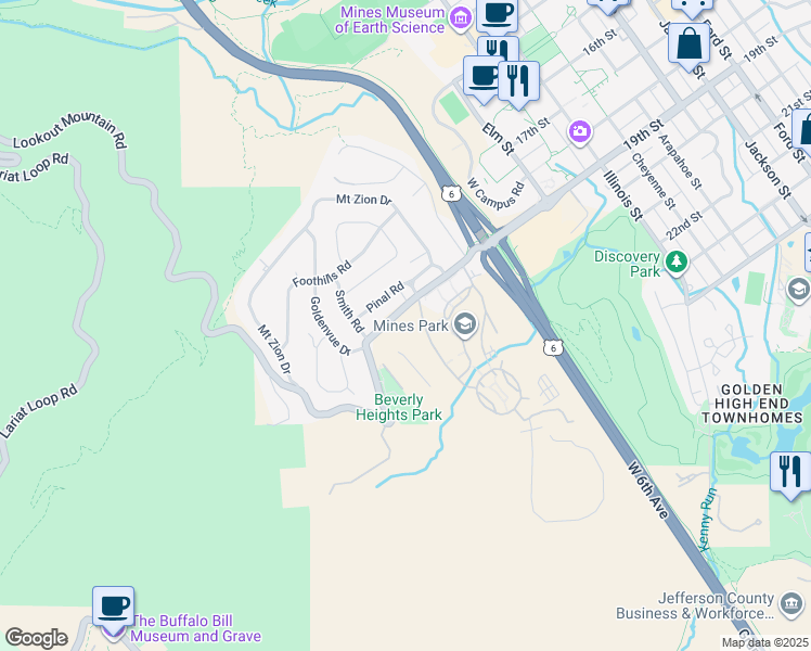 map of restaurants, bars, coffee shops, grocery stores, and more near 1900 Tangent Way in Golden