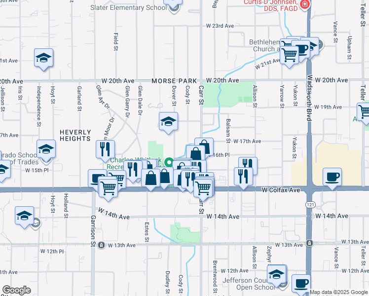 map of restaurants, bars, coffee shops, grocery stores, and more near 1670 Dover Street in Denver