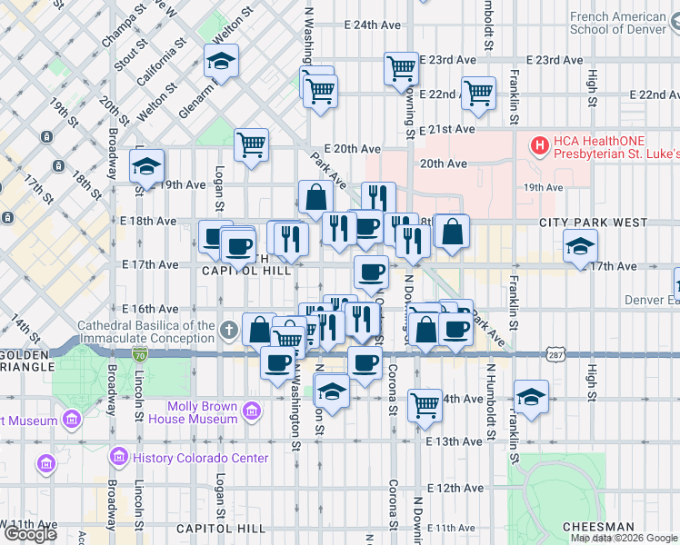 map of restaurants, bars, coffee shops, grocery stores, and more near 836 East 17th Avenue in Denver