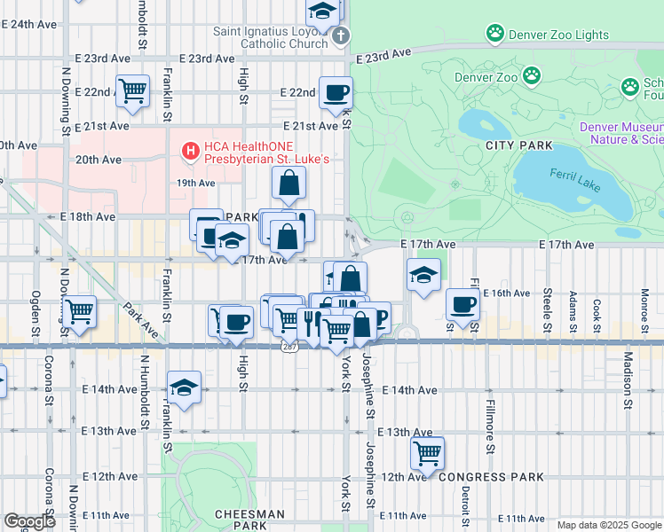 map of restaurants, bars, coffee shops, grocery stores, and more near 1652 North Gaylord Street in Denver