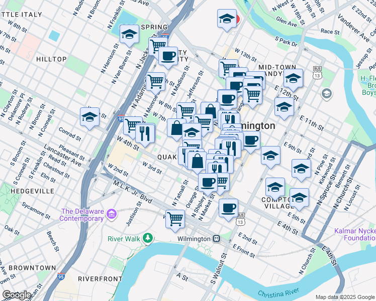 map of restaurants, bars, coffee shops, grocery stores, and more near 517 North West Street in Wilmington