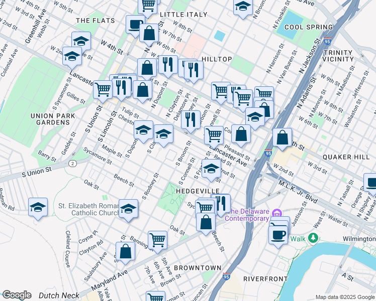 map of restaurants, bars, coffee shops, grocery stores, and more near 118 South Broom Street in Wilmington
