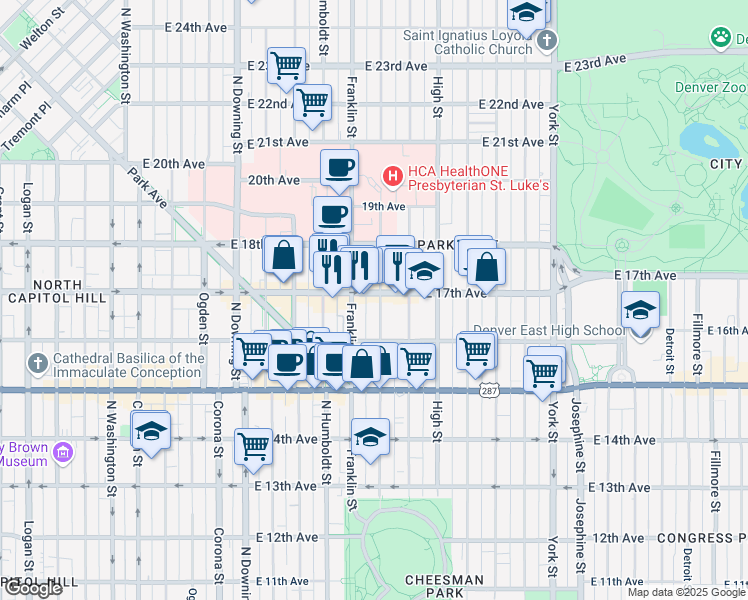 map of restaurants, bars, coffee shops, grocery stores, and more near 1675 Gilpin Street in Denver