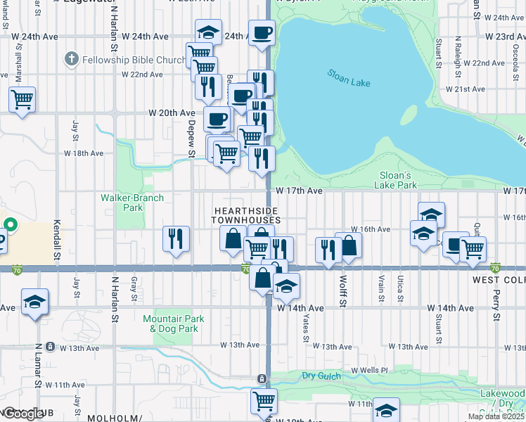 map of restaurants, bars, coffee shops, grocery stores, and more near 1605 Sheridan Boulevard in Lakewood