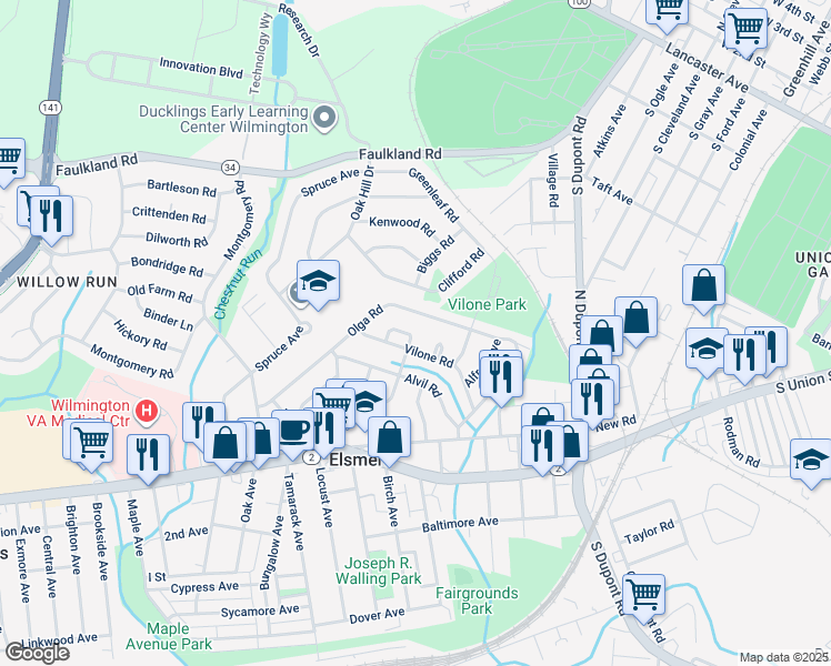 map of restaurants, bars, coffee shops, grocery stores, and more near 4 Harvey Place in Wilmington