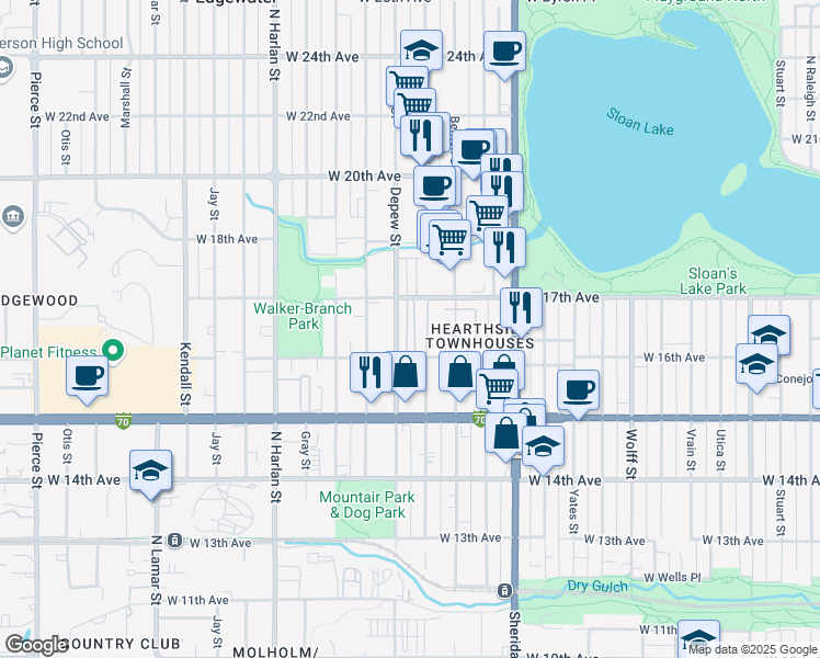 map of restaurants, bars, coffee shops, grocery stores, and more near 5555 West 16th Avenue in Lakewood