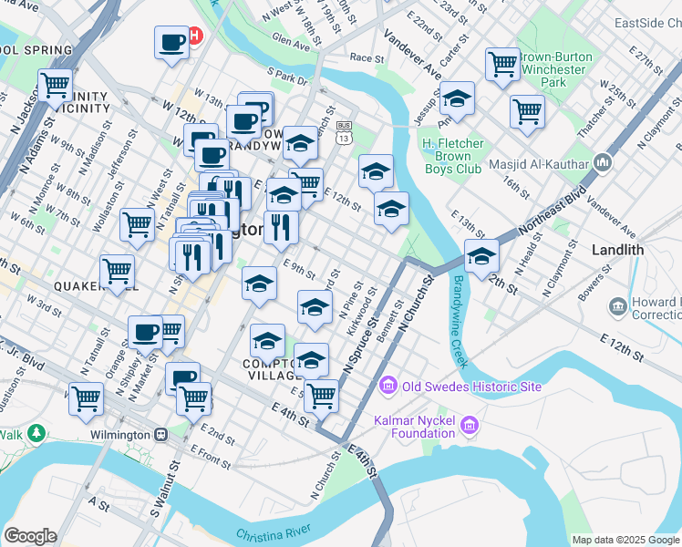 map of restaurants, bars, coffee shops, grocery stores, and more near 918 North Lombard Street in Wilmington