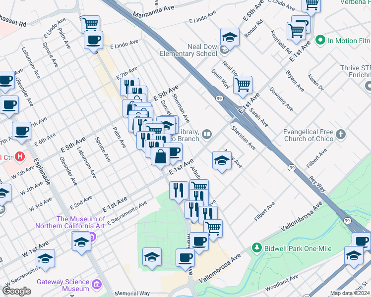 map of restaurants, bars, coffee shops, grocery stores, and more near 1127 Sunset Avenue in Chico