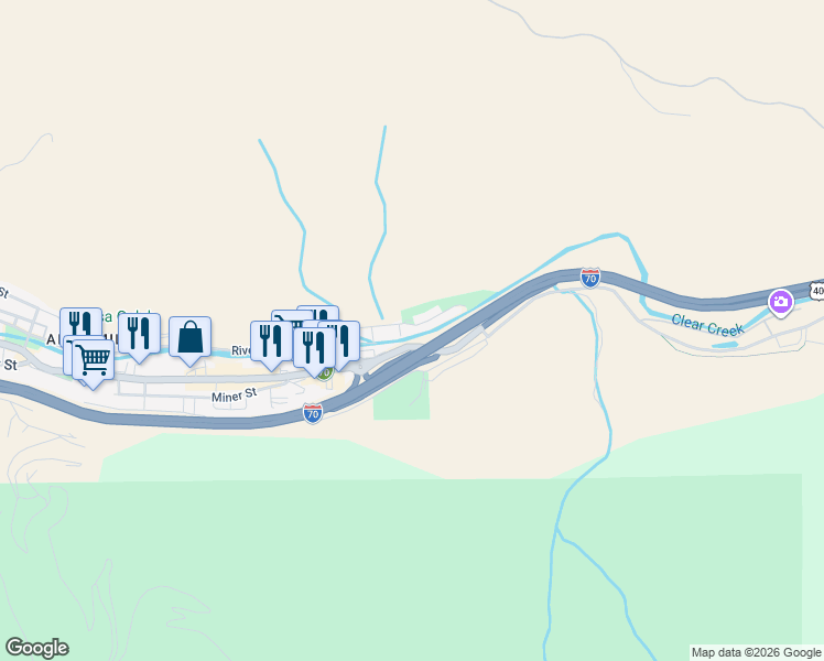 map of restaurants, bars, coffee shops, grocery stores, and more near 3305 Riverside Drive in Idaho Springs