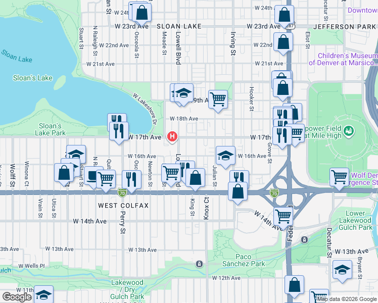 map of restaurants, bars, coffee shops, grocery stores, and more near 1593 King Street in Denver