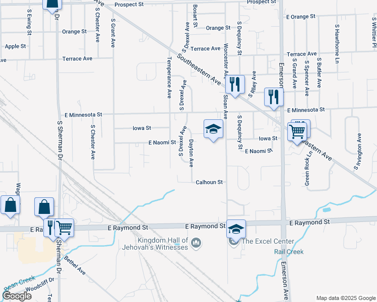 map of restaurants, bars, coffee shops, grocery stores, and more near 1911 South Drexel Avenue in Indianapolis