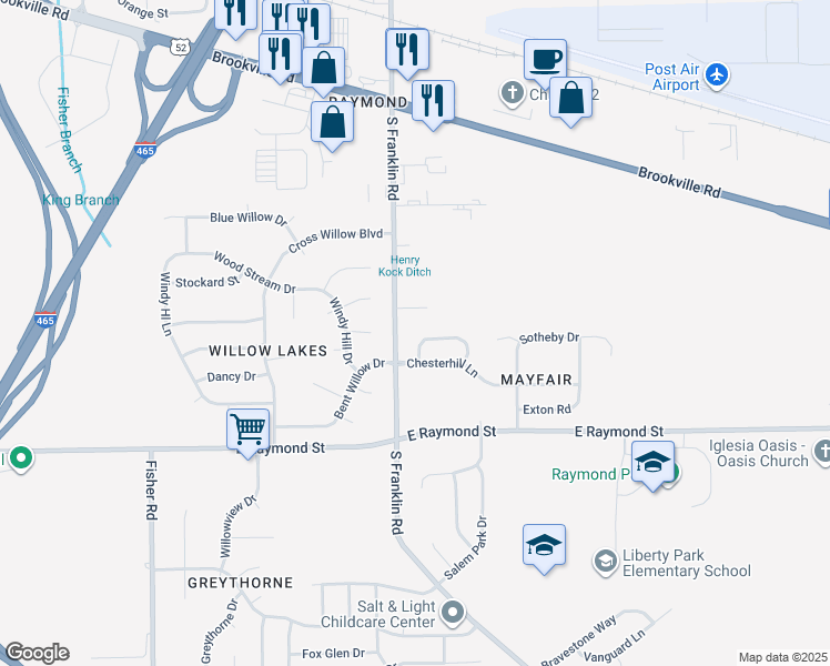 map of restaurants, bars, coffee shops, grocery stores, and more near 8036 Chesterhill Way in Indianapolis