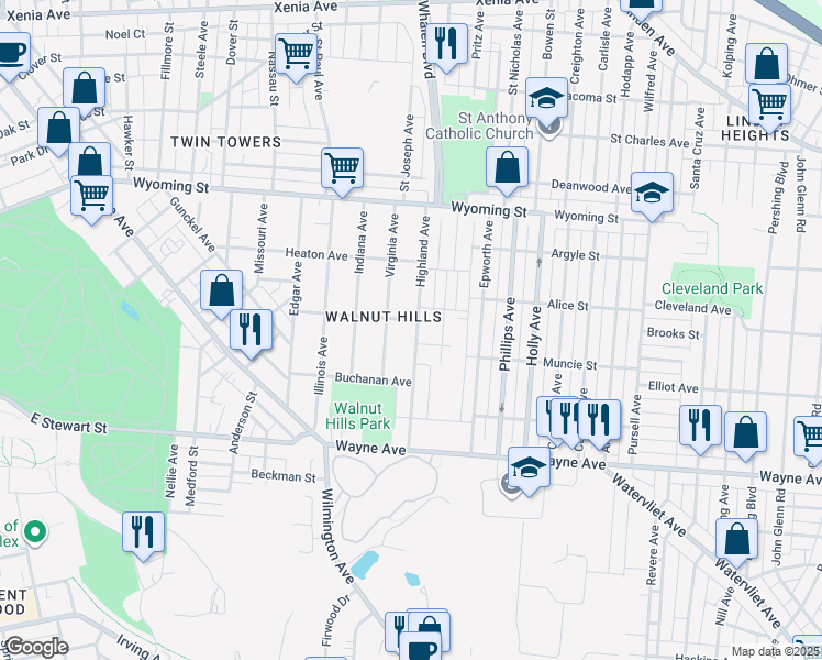 map of restaurants, bars, coffee shops, grocery stores, and more near 1211 Highland Avenue in Dayton
