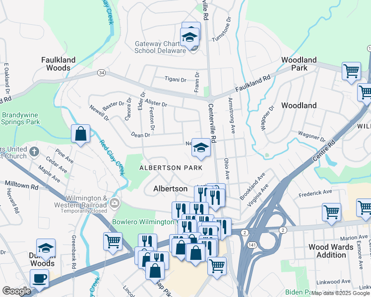 map of restaurants, bars, coffee shops, grocery stores, and more near 2421 Newell Drive in Wilmington