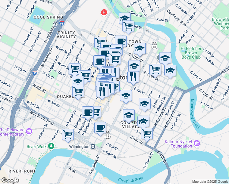 map of restaurants, bars, coffee shops, grocery stores, and more near 298 East 8th Street in Wilmington
