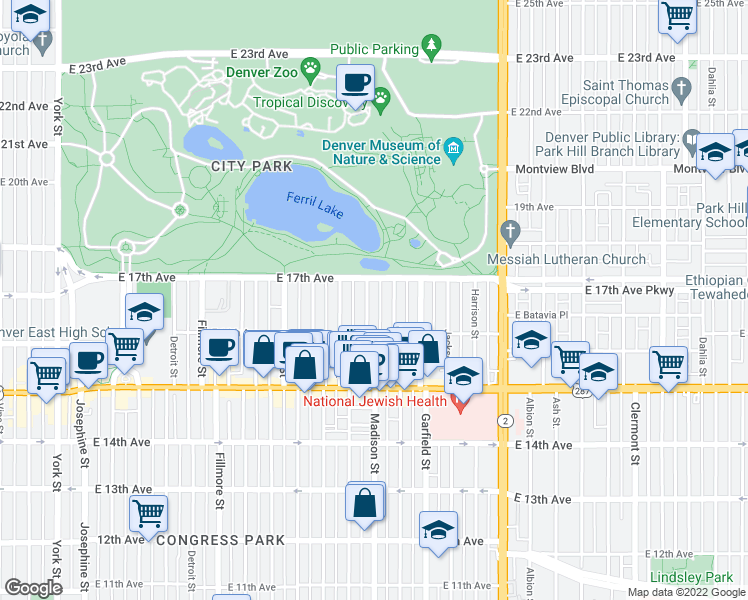 map of restaurants, bars, coffee shops, grocery stores, and more near 1660 Madison Street in Denver
