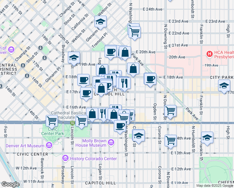 map of restaurants, bars, coffee shops, grocery stores, and more near 1633 Pearl Street in Denver