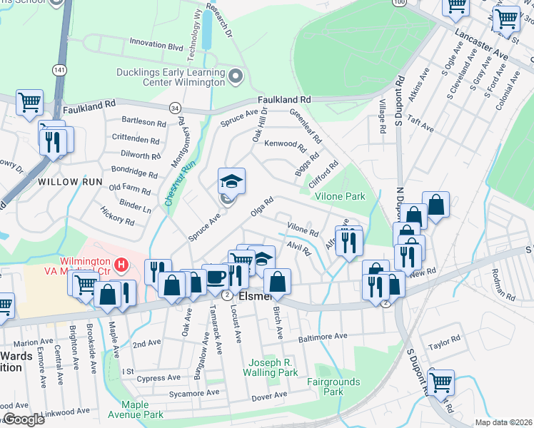 map of restaurants, bars, coffee shops, grocery stores, and more near 107 Vilone Road in Wilmington
