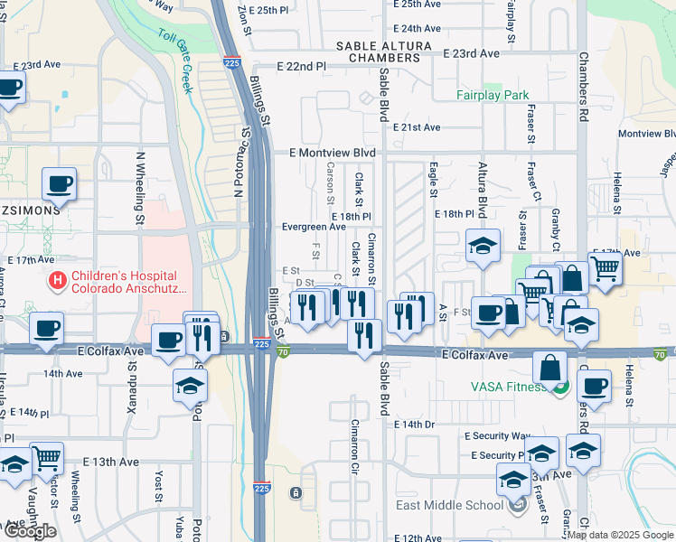map of restaurants, bars, coffee shops, grocery stores, and more near 13998 E Street in Aurora