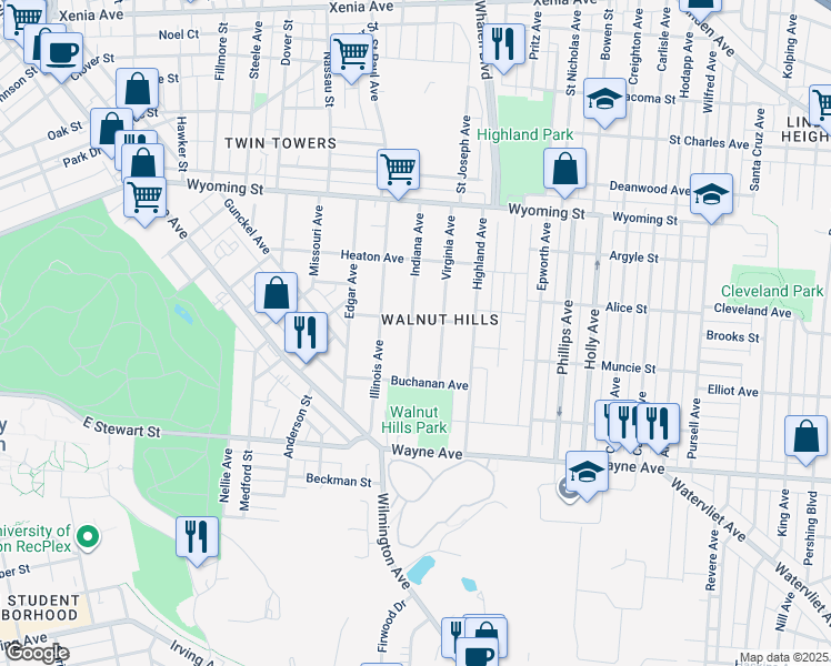 map of restaurants, bars, coffee shops, grocery stores, and more near 214 Indiana Avenue in Dayton