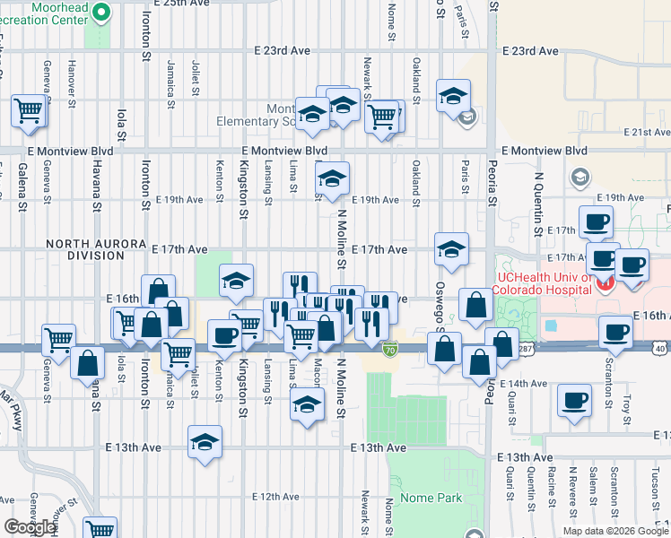 map of restaurants, bars, coffee shops, grocery stores, and more near 1625 Moline Street in Aurora